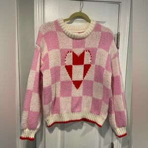 NWT Luna Ivy Size M Pink Cream Check Heart Chunky Knit Long Sleeve Crew Sweater